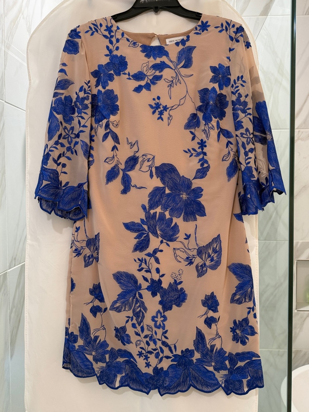 Floral Embroidered Shift Dress in Nude and Royal Blue